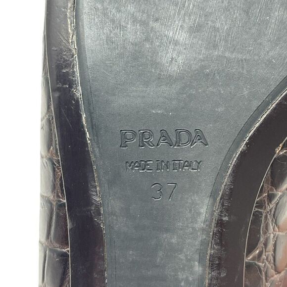 Prada 37 Leather Pointy Toe Brown Low Block Heel Pumps Metal Italy Womens - Picture 13 of 14